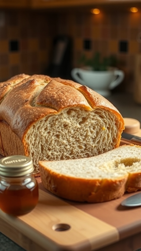 A sliced loaf of honey whole wheat sandwich bread on a cutting board with a jar of honey.